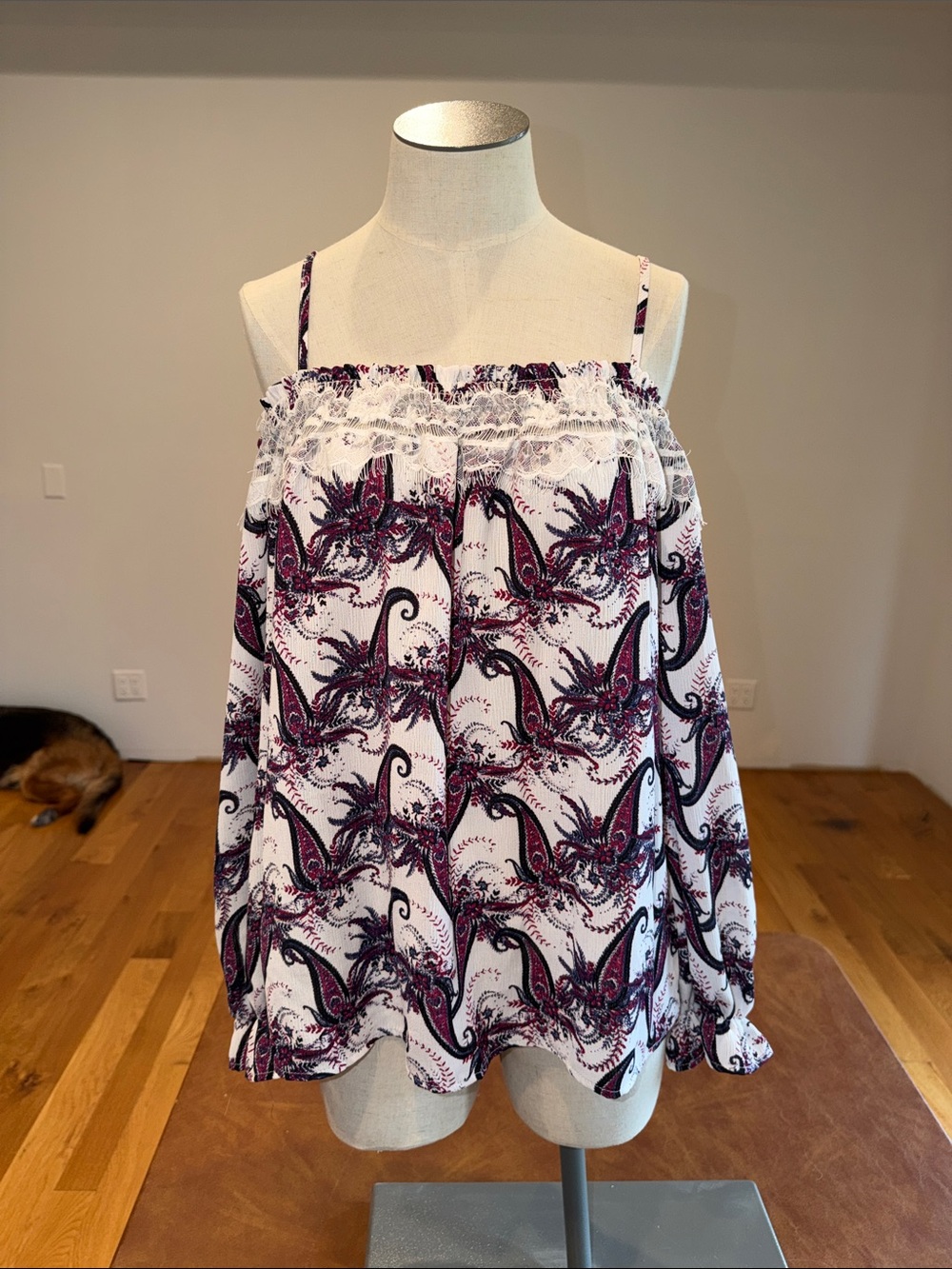 Charlotte Russe White and Purple Paisley Spaghetti-Strap Top